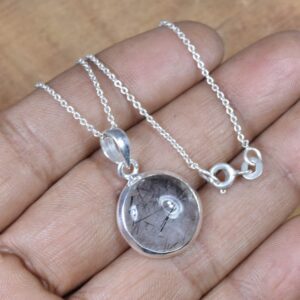 Handmade Black Rutile Quartz Pendant: 925 Sterling Silver Round Gemstone