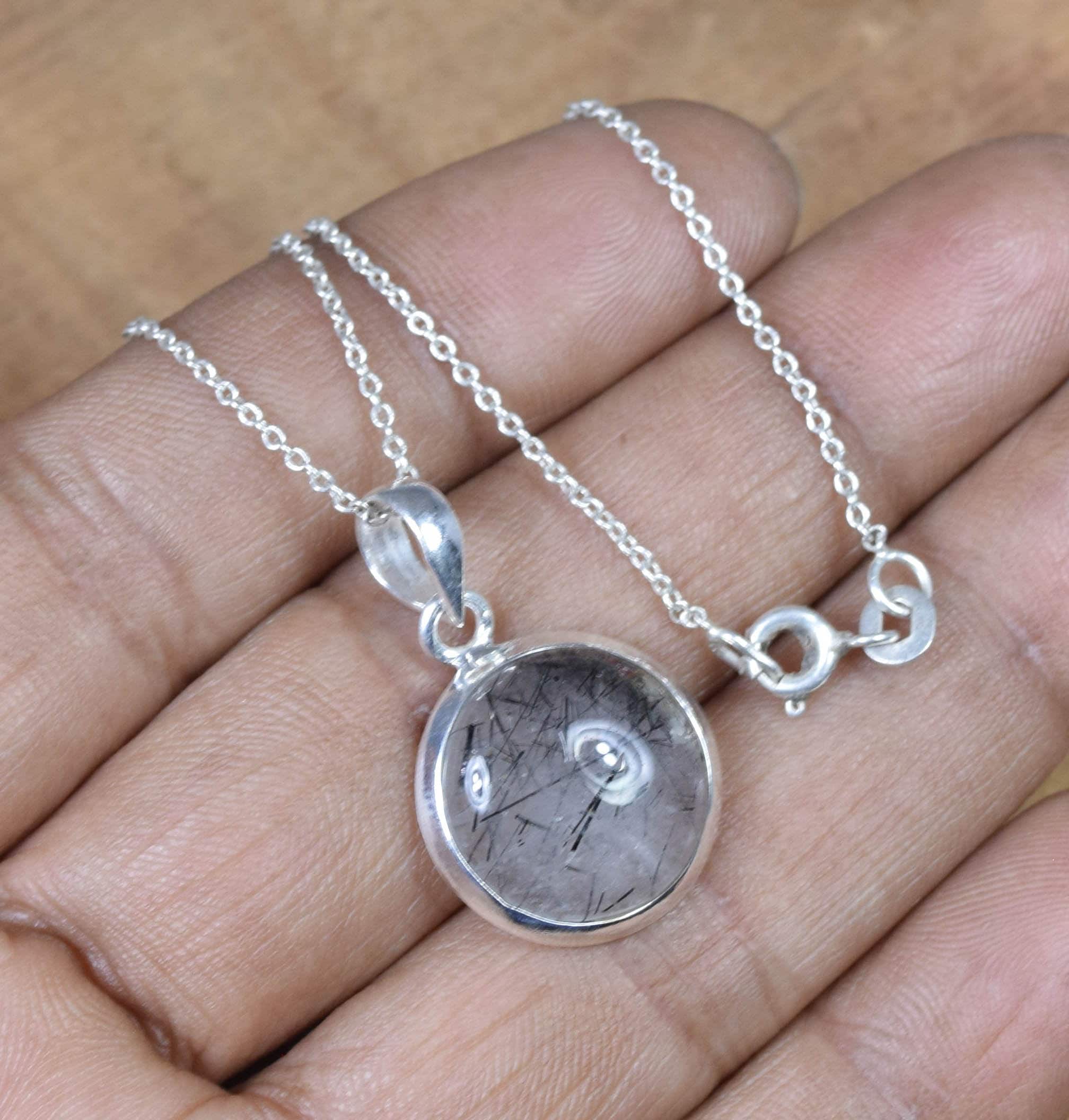 Handmade Black Rutile Quartz Pendant: 925 Sterling Silver Round Gemstone