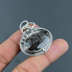 Handmade Black Rutile Quartz Pendant: 925 Sterling Silver Gemstone Jewelry