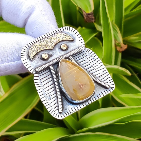 Handmade Golden Rutilated Quartz Pendant: 925 Sterling Silver, 18k Gold Plated