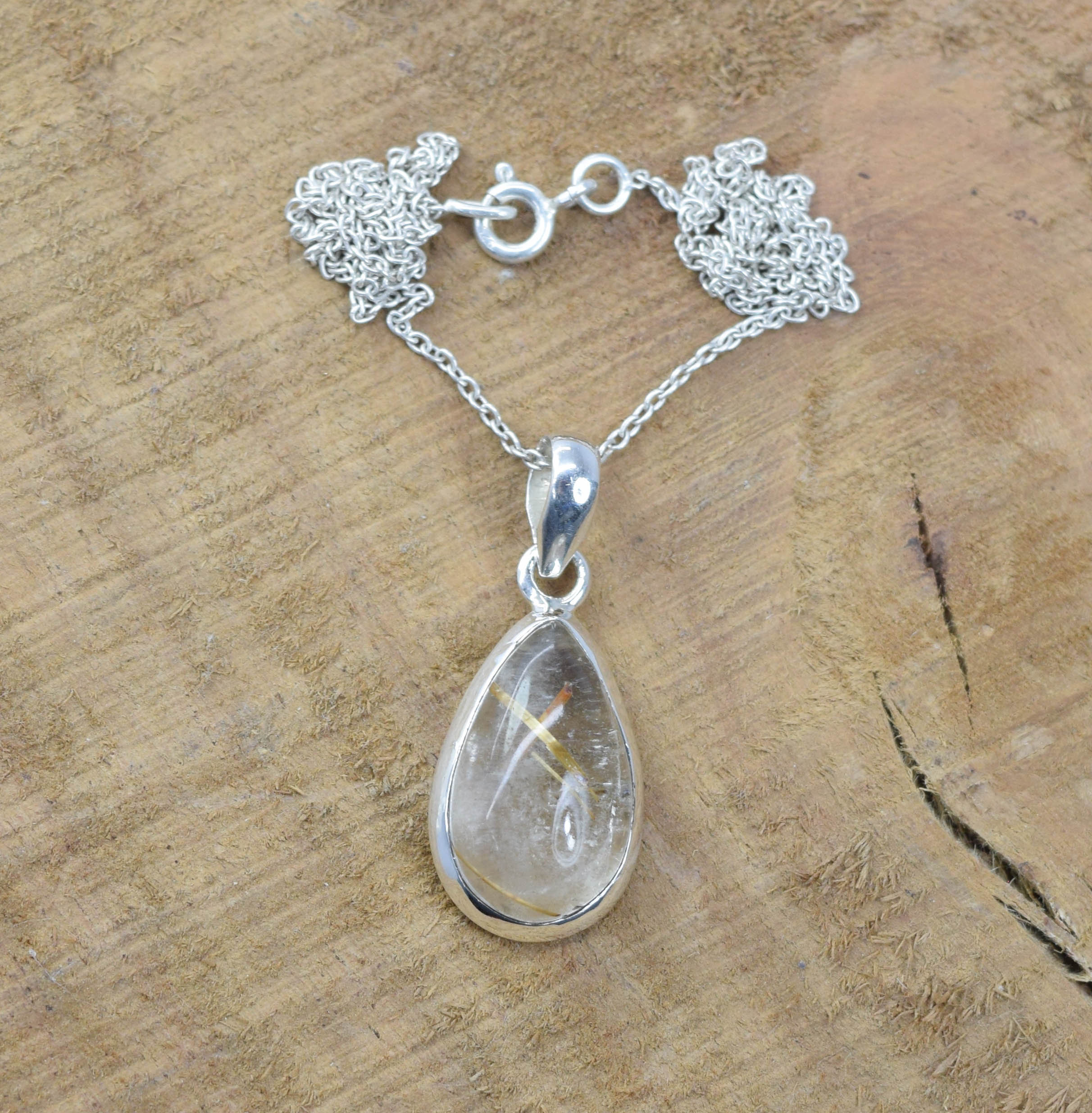 Handmade Pear Golden Rutile Quartz Pendant: 925 Sterling Silver Jewelry