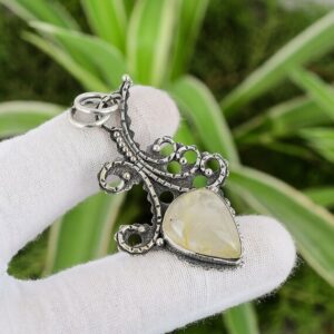 Handmade Pear Golden Rutilated Quartz 925 Sterling Silver Pendant