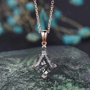 Kite Black Rutilated Quartz Necklace Solid 14k 18k Rose Gold Vintage Unique Personalized Pendant Women Her Anniversary Bridal Gift Mother