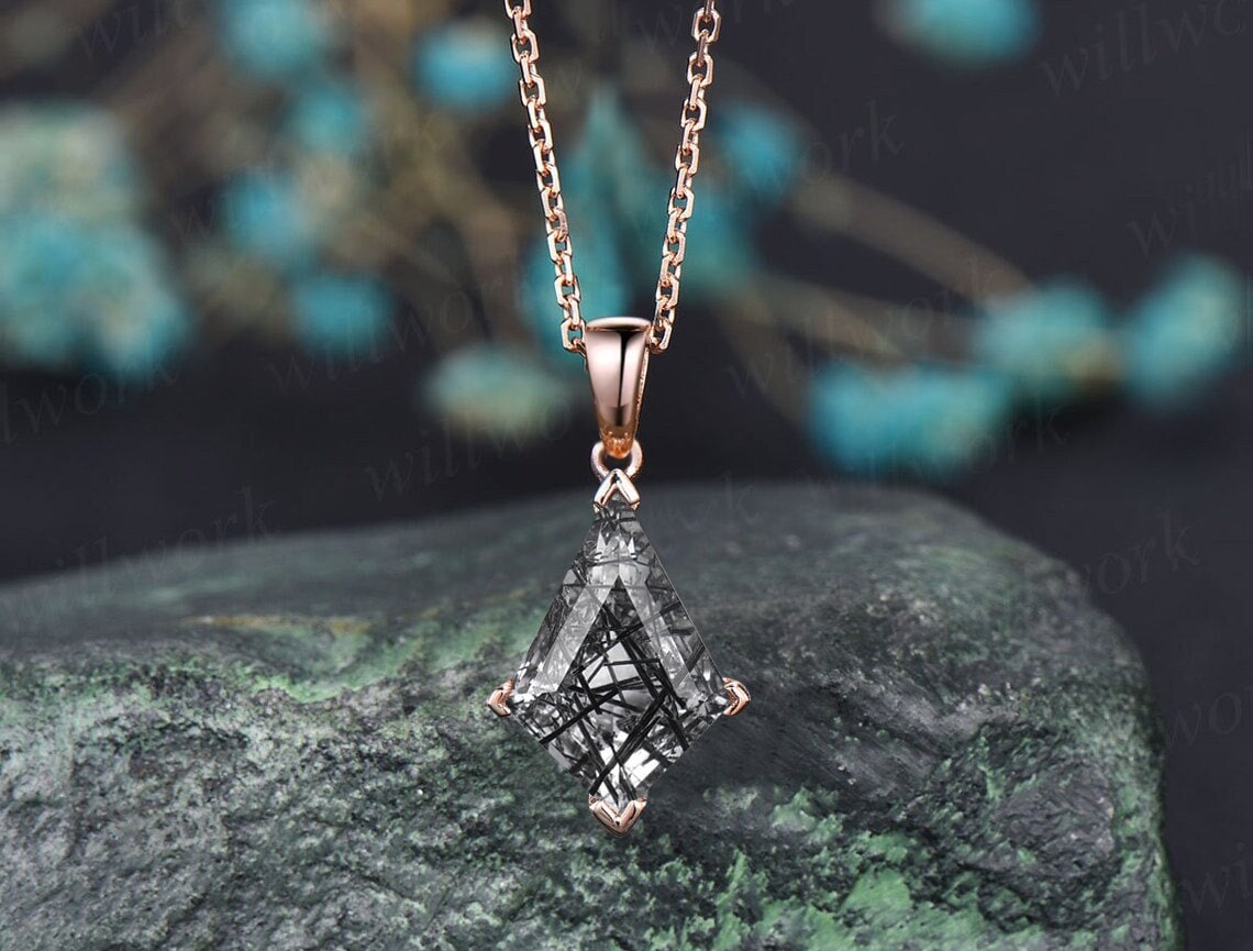 Kite Black Rutilated Quartz Necklace Solid 14k 18k Rose Gold Vintage Unique Personalized Pendant Women Her Anniversary Bridal Gift Mother