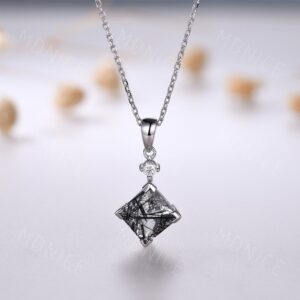 Natural Black Rutilated Quartz Princess Cut Necklace, Silver 8mm Princess black rutilated quartz pendant necklace, Minimalist Couple Jewelry