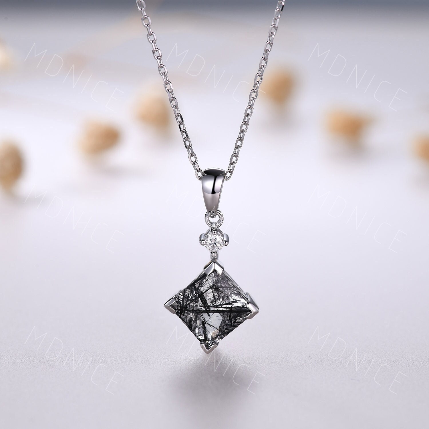 Natural Black Rutilated Quartz Princess Cut Necklace, Silver 8mm Princess Black Rutilated Quartz Pendant Necklace, Minimalist Couple Jewelry