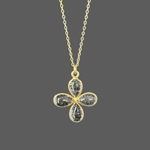 Rutilated Quartz Necklace - Black Rutilated Quartz - Gold Flower Necklace - Black And Gold Necklace - Gemstone Flower Pendant - Black Rutile