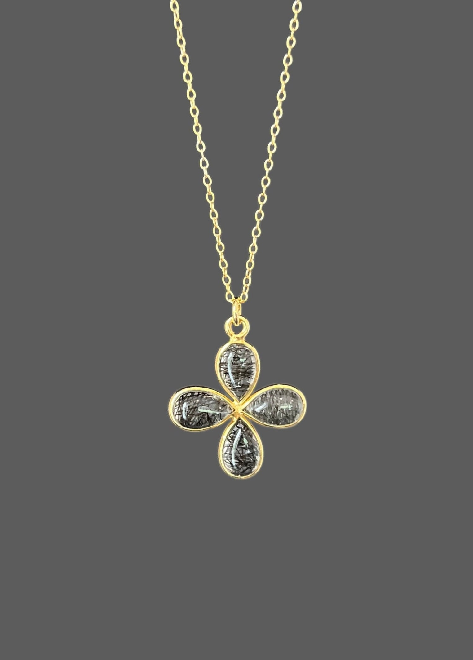 Rutilated Quartz Necklace - Black Rutilated Quartz - Gold Flower Necklace - Black And Gold Necklace - Gemstone Flower Pendant - Black Rutile
