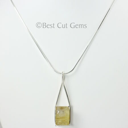 Rutilated Quartz Necklace, Faceted Emerald Cut Gemstone In Sterling Silver Pendant, Gold Rutile, Adjustable Chain
