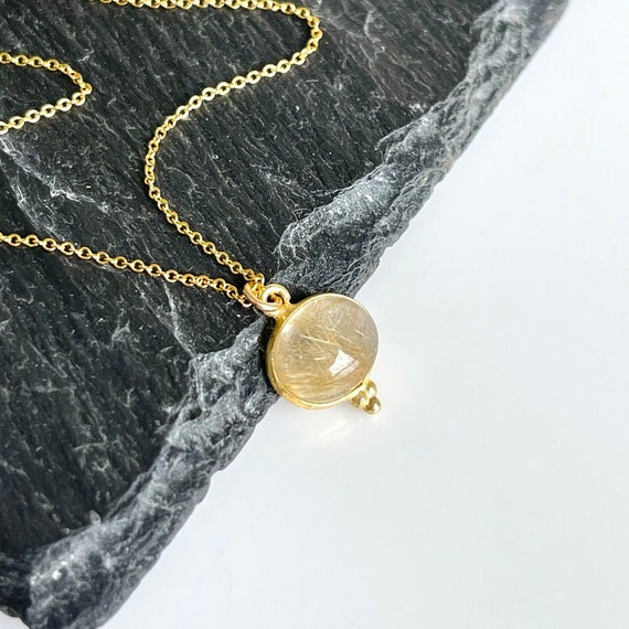 Rutilated Quartz Necklace, Tiny Golden Rutile Oval Pendant, Natural Gemstone Minimalist Necklace Gold Filled, Delicate Layering Women Gift