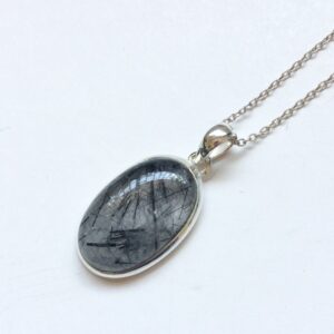 Rutilated Quartz pendant, Oval black Rutilated quartz, illuminator for the soul, black Rutile quartz set, Sterling silver pendant, Spiritual