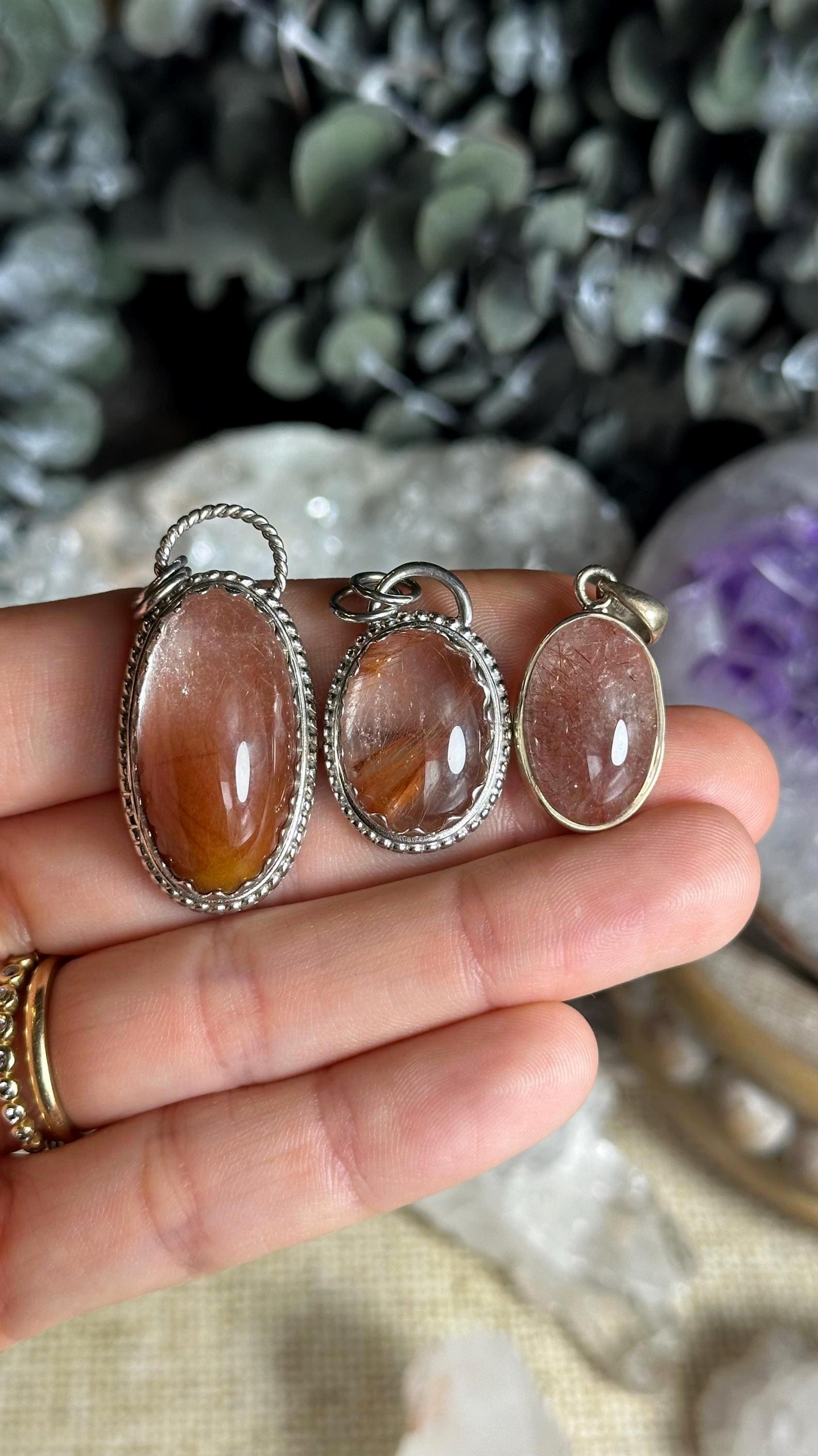 Red Rutile Quartz Pendant Necklace, .925 Sterling Silver, Faceted, Square, Triangle