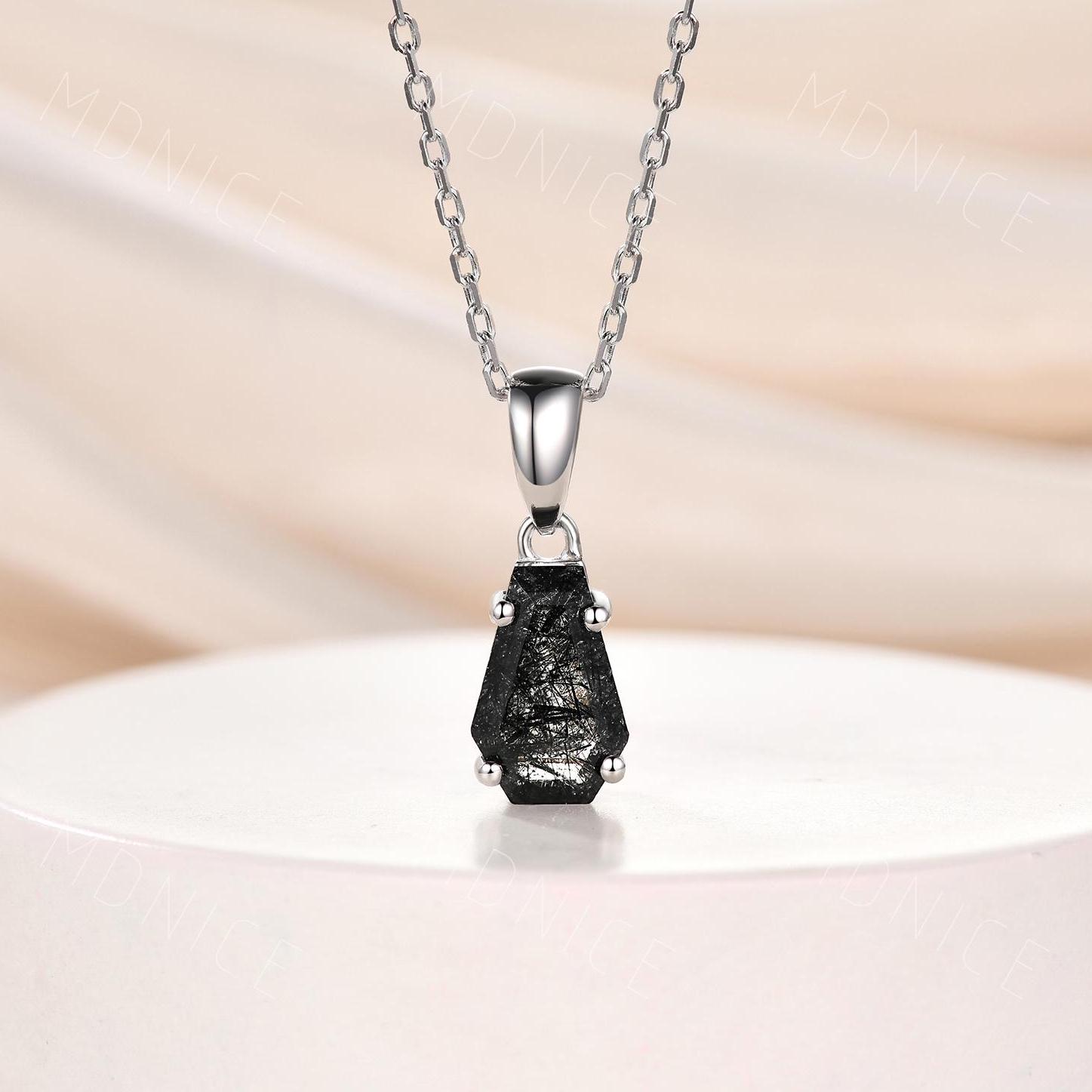 Tiny Coffin Pendant, Black Rutilated Quartz Coffin Necklace Black Gold Alternative Gothic Black Quartz Necklace Coffin Silver Pendant Casket