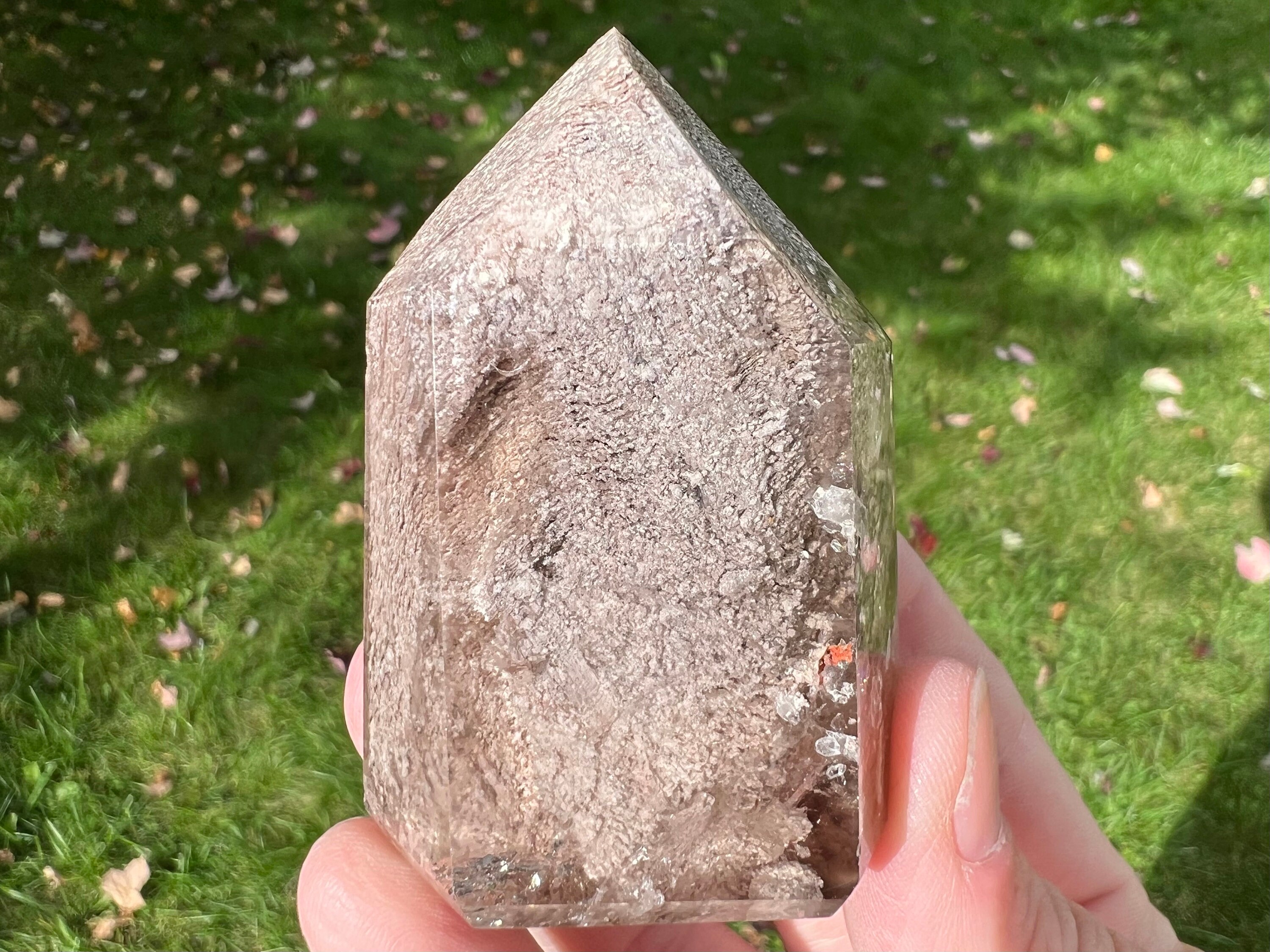 2.5" Lodolite Quartz Point #6 Polished Crystal Tower, Rutilated Quartz & Pink White Inclusion, Gold Rutile, Gemstone Home Decor