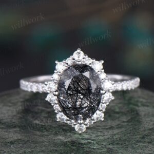 7x9mm Oval Cut Black Rutilated Quartz Ring Solid 14k White Gold Engagement Ring Halo Half Eternity Moissanite Ring Women Anniversary Gift