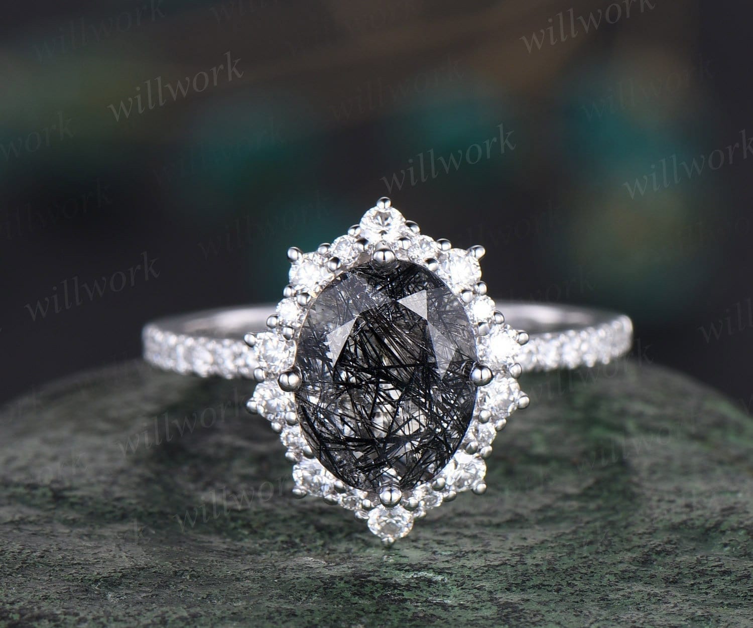 7x9mm Oval Cut Black Rutilated Quartz Ring Solid 14k White Gold Engagement Ring Halo Half Eternity Moissanite Ring Women Anniversary Gift
