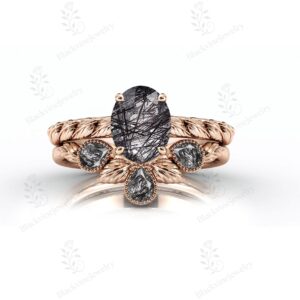 Art Deco Rutilated Quartz Engagement Ring Set 14k Rose Gold Black Rutile 2 Piece Ring Set Unique Vine Leaf Style Ring Nature Inspired Ring Art Deco Rutilated Quartz Engagement Ring Set 14k Rose Gold Black Rutile 2 Piece Ring Set Unique Vine Leaf Style Ring Nature Inspired Ring