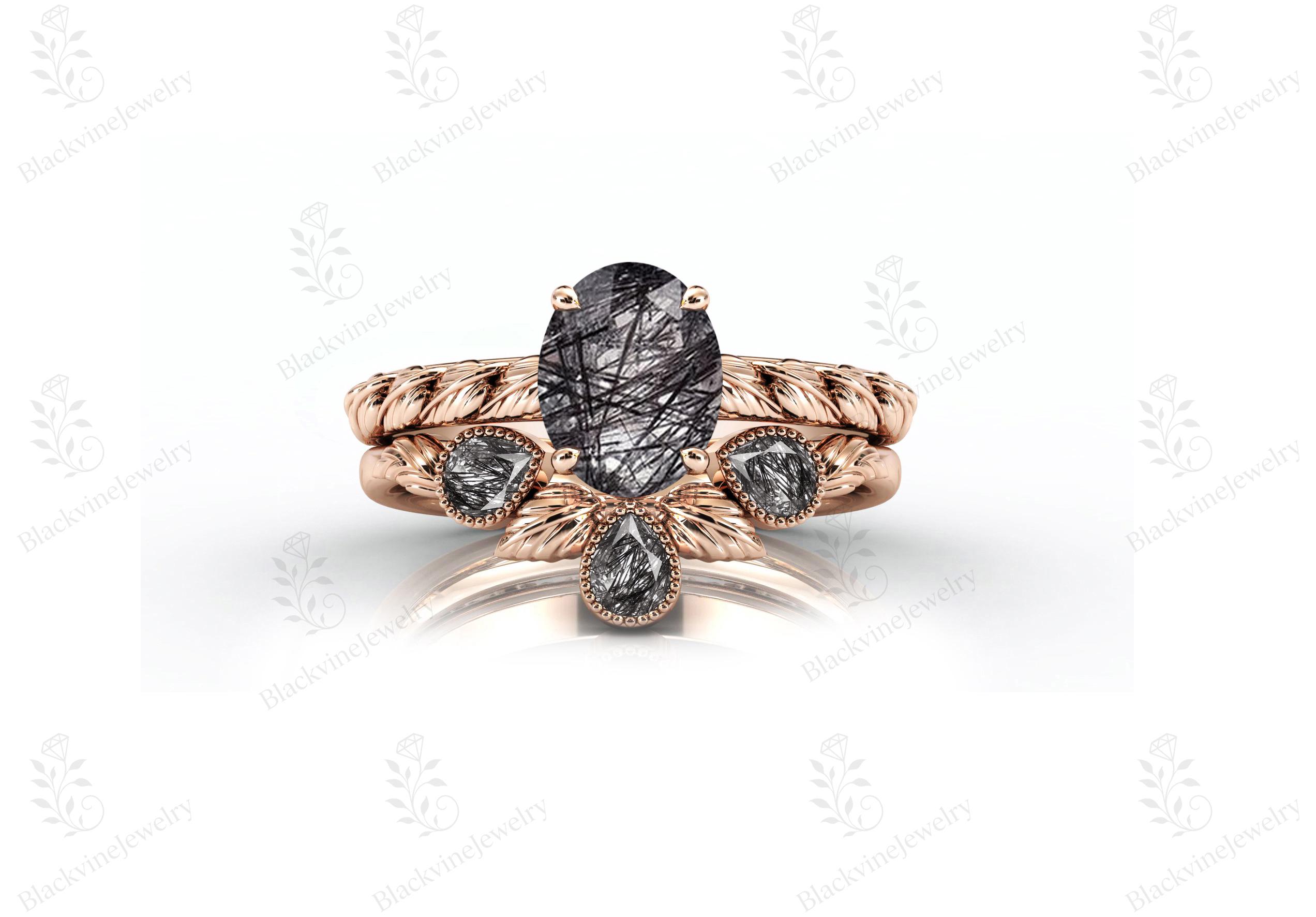 Art Deco Rutilated Quartz Engagement Ring Set 14k Rose Gold Black Rutile 2 Piece Ring Set Unique Vine Leaf Style Ring Nature Inspired Ring Art Deco Rutilated Quartz Engagement Ring Set 14k Rose Gold Black Rutile 2 Piece Ring Set Unique Vine Leaf Style Ring Nature Inspired Ring