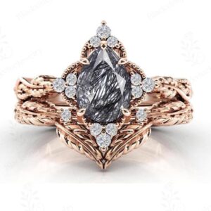 Black Rutilated Quartz Engagement Ring Set Vintage Leaf Design Wedding Ring Set Pear Cut Rutile Bridal Promise Ring Set Nature Inspired Ring Black Rutilated Quartz Engagement Ring Set Vintage Leaf Design Wedding Ring Set Pear Cut Rutile Bridal Promise Ring Set Nature Inspired Ring