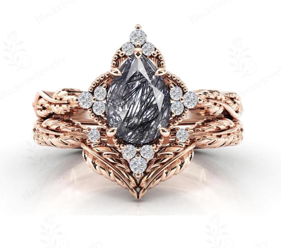 Black Rutilated Quartz Engagement Ring Set Vintage Leaf Design Wedding Ring Set Pear Cut Rutile Bridal Promise Ring Set Nature Inspired Ring Black Rutilated Quartz Engagement Ring Set Vintage Leaf Design Wedding Ring Set Pear Cut Rutile Bridal Promise Ring Set Nature Inspired Ring