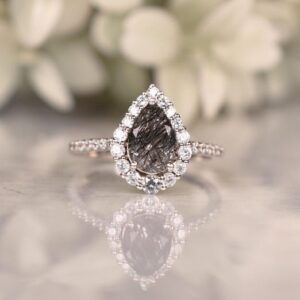 Black rutilated quartz engagement Ring Pear cut Rutile Quartz Rings Women Jewelry Anniversary Gifts