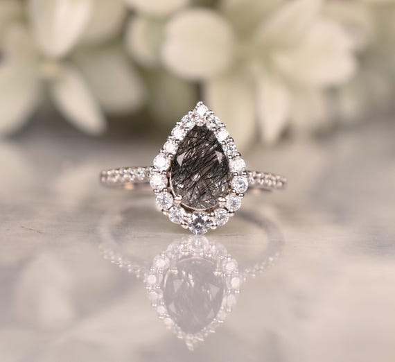 Black Rutilated Quartz Engagement Ring Pear Cut Rutile Quartz Rings Women Jewelry Anniversary Gifts