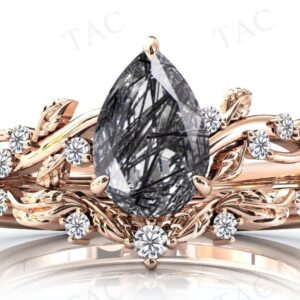 Black Rutilated Quartz Engagement Ring Set Pear Shaped Rutile Quartz Vine Leaf Wedding Ring Set 925 Silver Rutile Bridal Promise Ring Set