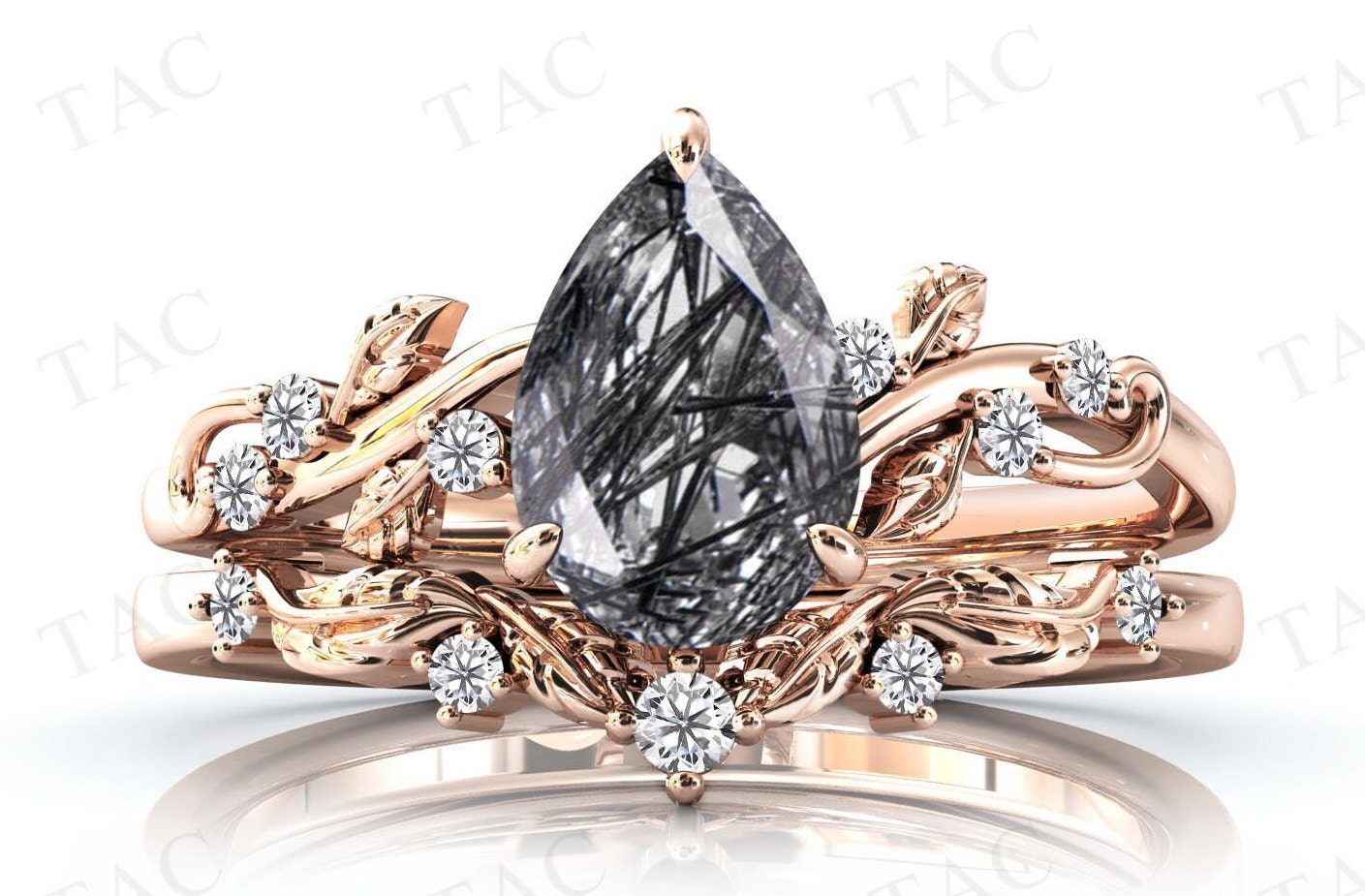 Black Rutilated Quartz Engagement Ring Set Pear Shaped Rutile Quartz Vine Leaf Wedding Ring Set 925 Silver Rutile Bridal Promise Ring Set