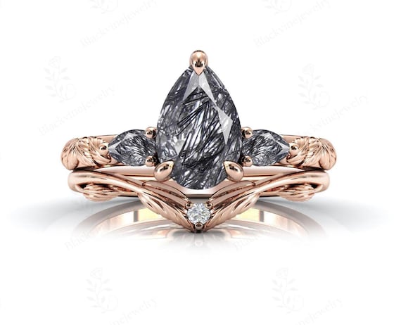 Black Rutilated Quartz Engagement Ring Set For Women 14k Gold Black Rutile Wedding Ring Set Pear Shaped Rutile Bridal Ring Set Gift For Her