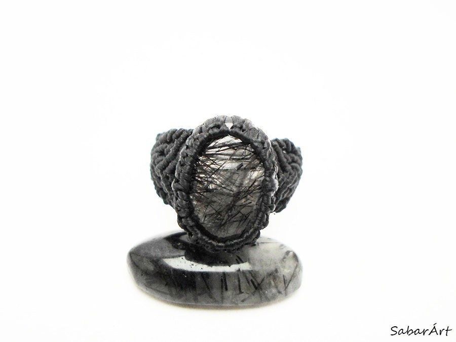 Black Rutilated Quartz Ring: Macrame Healing Stone Jewelry