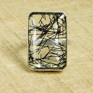 Black Rutile Quartz Ring: Rectangle Gemstone, 925 Sterling Silver
