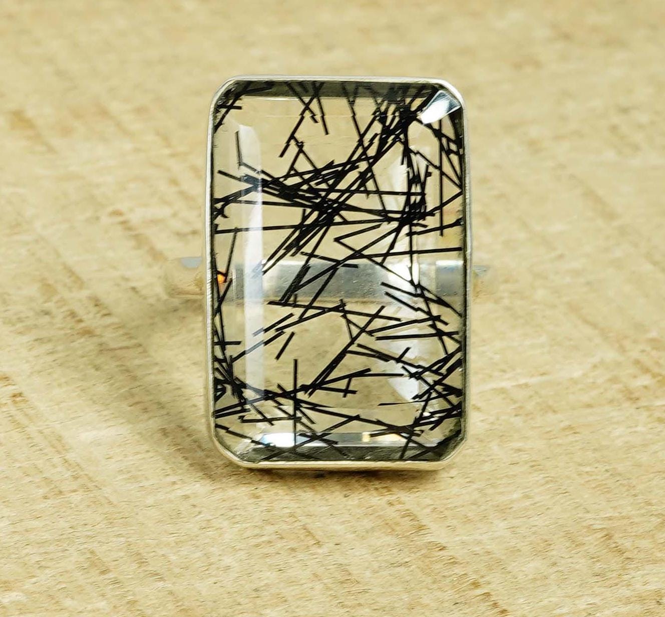 Black Rutile Quartz Ring: Rectangle Gemstone, 925 Sterling Silver Black Rutile Quartz Ring: Rectangle Gemstone, 925 Sterling Silver