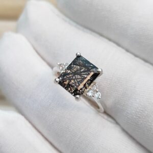 Black Rutile Ring, Octagon Cut Black Rutile Ring, 925 Sterling Silver Ring, Black Rutilated Quartz Ring, Natural Black Rutilated Quartz Ring