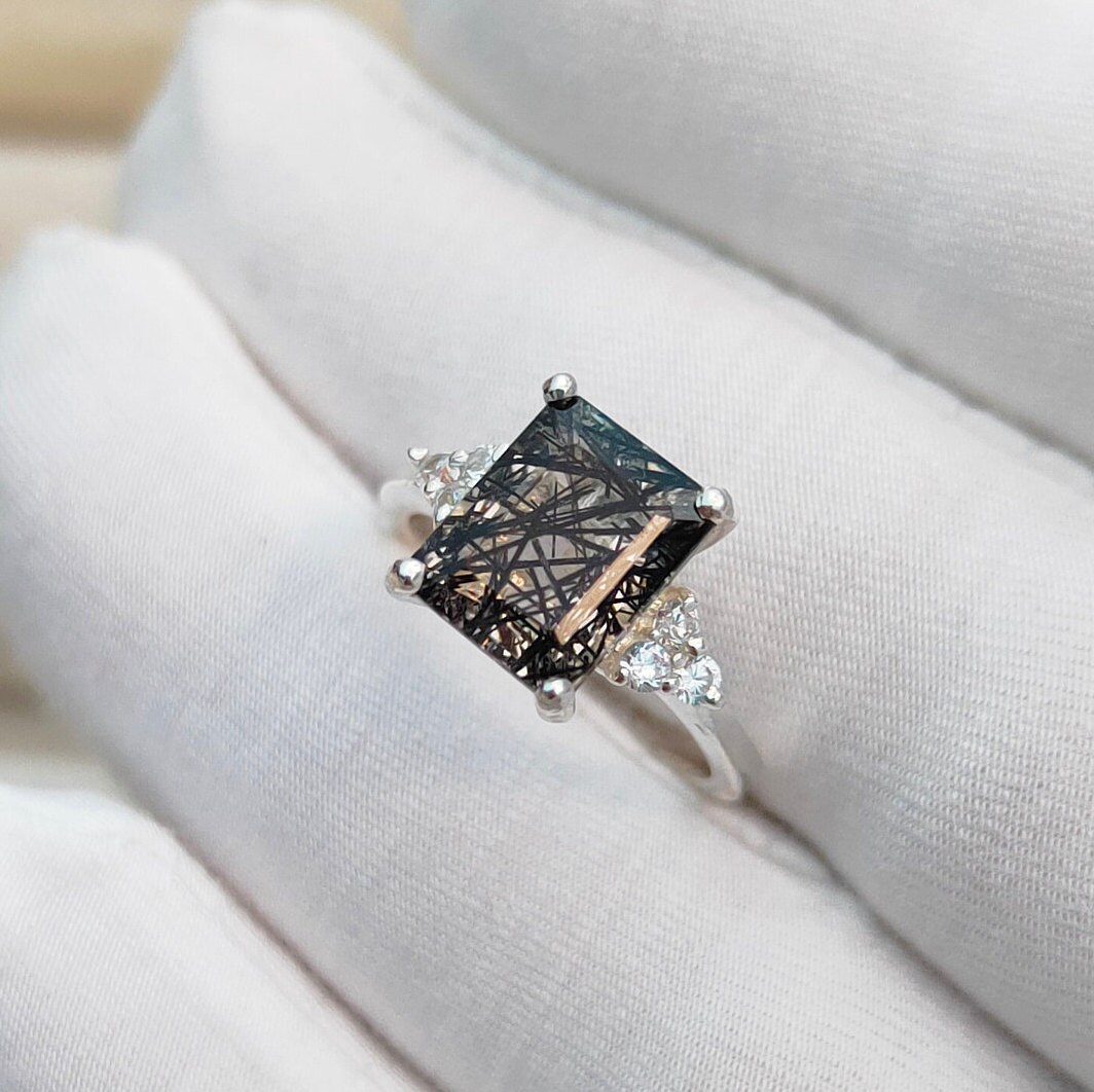 Black Rutile Ring, Octagon Cut Black Rutile Ring, 925 Sterling Silver Ring, Black Rutilated Quartz Ring, Natural Black Rutilated Quartz Ring