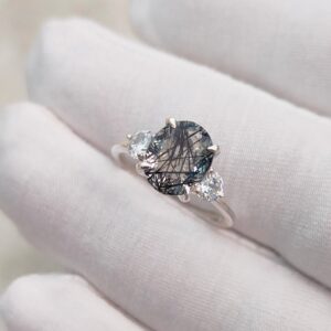 Black Rutile Ring, Oval Cut Black Rutile Ring, 925 Sterling Silver Ring, Black Rutilated Quartz Ring, Natural Black Rutilated Quartz Ring