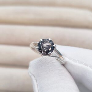 Black Rutile Ring, Round Cut Black Rutile Ring, 925 Sterling Silver Ring, Black Rutilated Quartz Ring, Natural Black Rutilated Quartz Ring