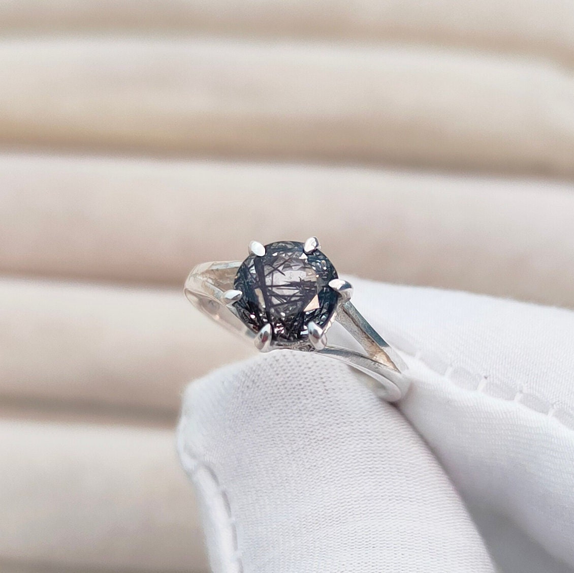 Black Rutile Ring, Round Cut Black Rutile Ring, 925 Sterling Silver Ring, Black Rutilated Quartz Ring, Natural Black Rutilated Quartz Ring