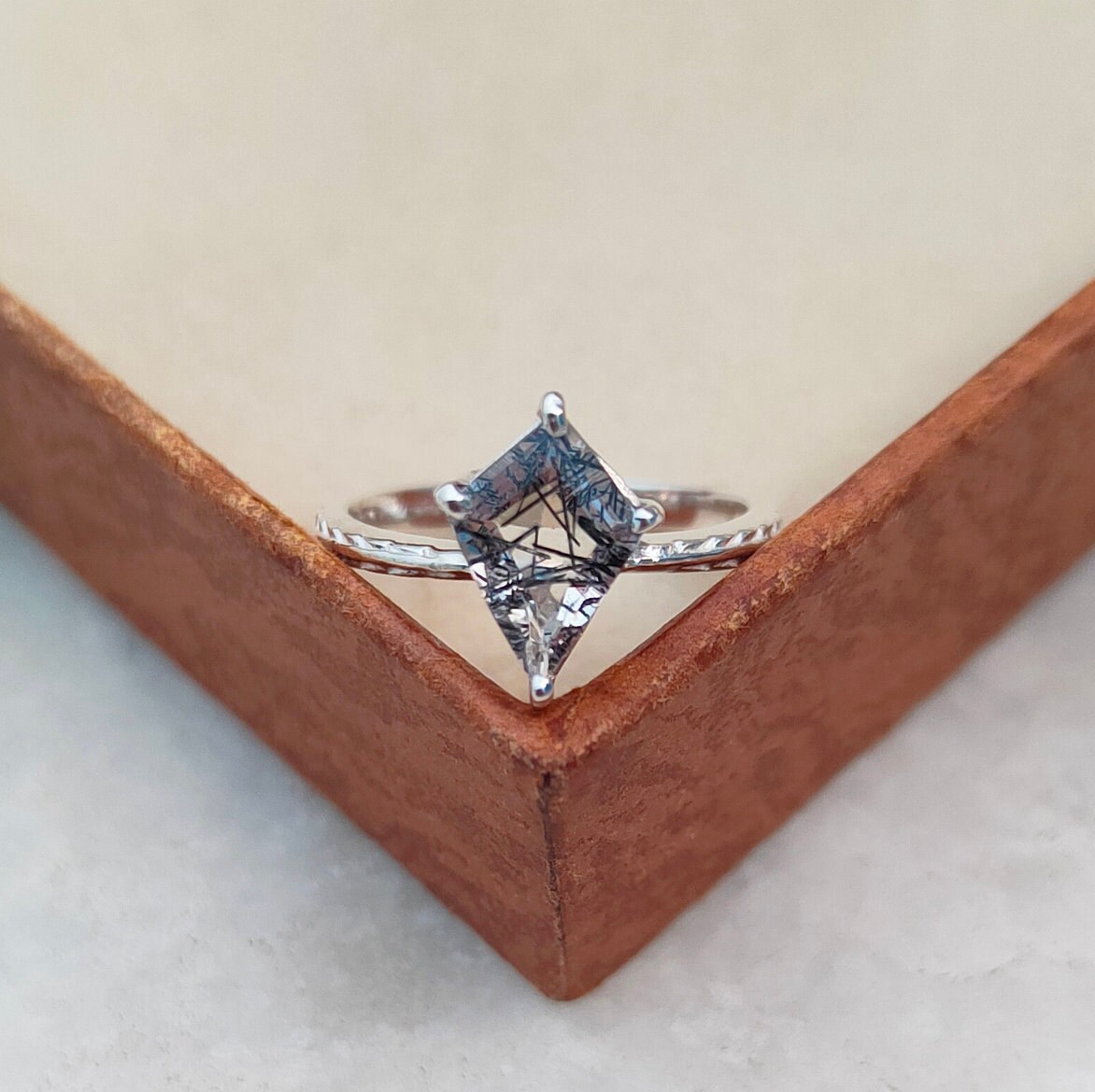 Black Rutile Ring, Kite Shape Black Rutile Ring, 925 Sterling Silver Ring, Black Rutilated Quartz Ring, Natural Black Rutilated Quartz Ring