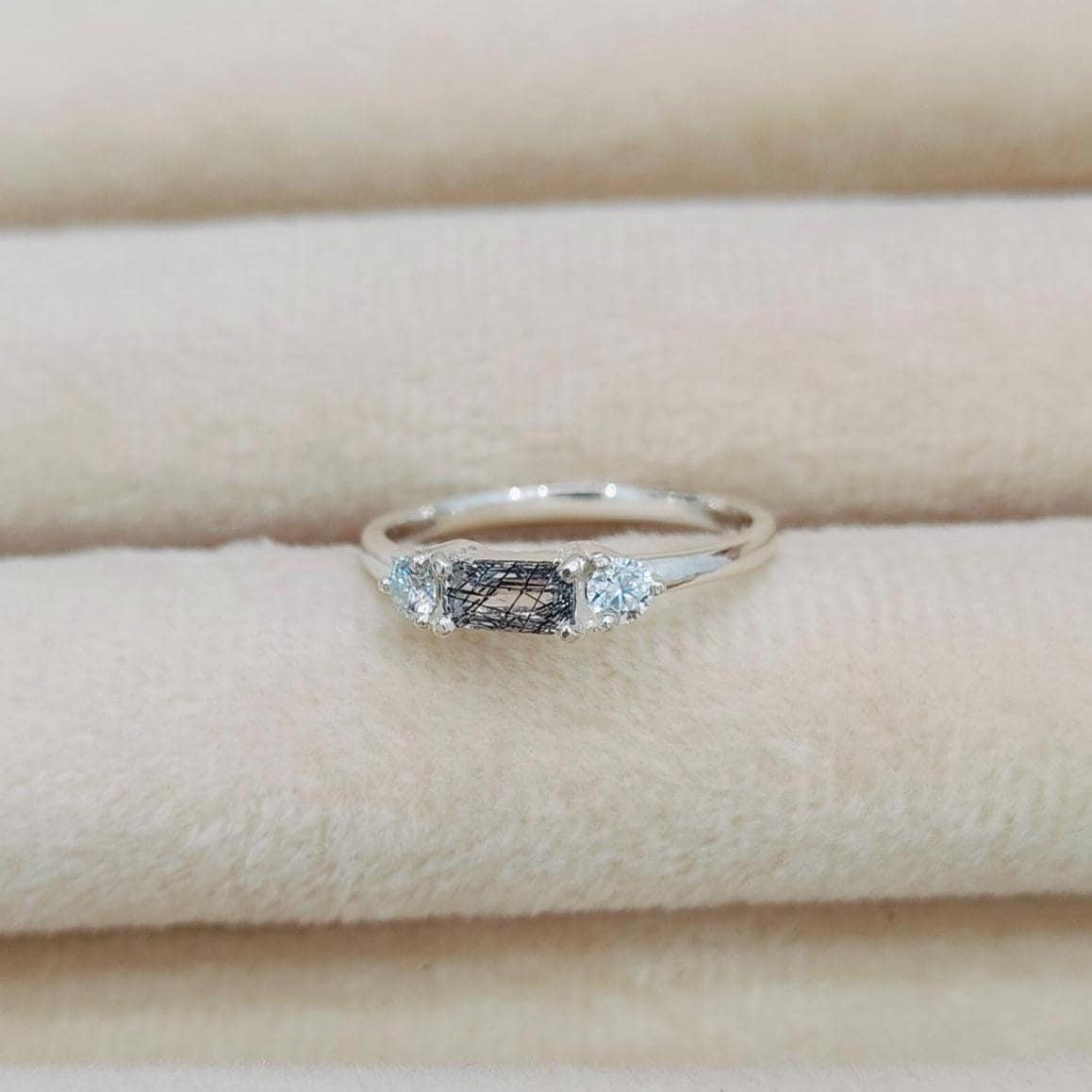Black Rutile Moissanite Ring, 925 Sterling Silver Ring Baguette Black Rutile Quartz Ring Natural Black Rutilated Quartz Ring, Hand Made Ring