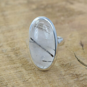 Black Rutile Quartz Ring: Oval Gemstone, 925 Sterling Silver, Handmade - US Size 8