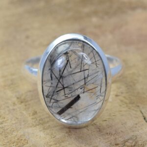 Black Rutile Quartz Ring: Oval Gemstone, 925 Sterling Silver, Handmade
