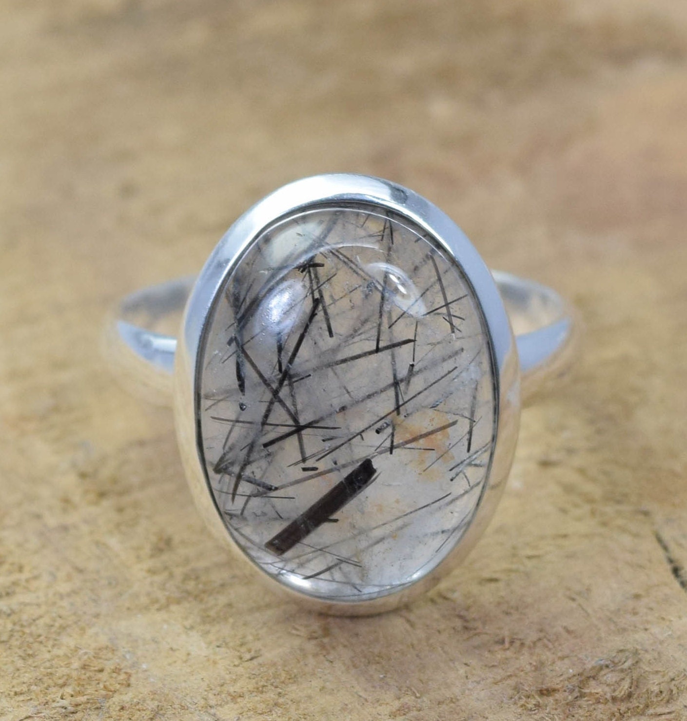 Black Rutile Quartz Ring: Oval Gemstone, 925 Sterling Silver, Handmade