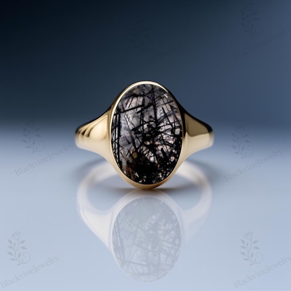Black Rutilated Quartz Unisex Ring 14k Gold Rutile Quartz Statement Ring Oval Shape Rutile Quartz Ring 925 Silver Rutile Quartz Signet Ring