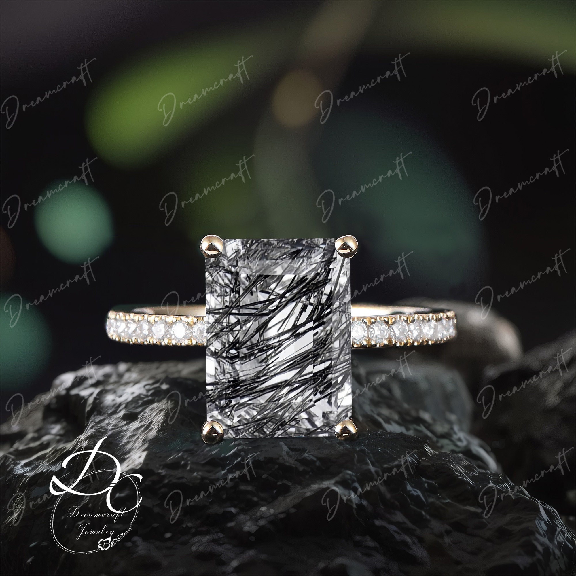 Emerald Cut Black Rutilated Quartz Engagement Ring Unique Cluster Rose Gold Engagement Ring For Women Vintage Bridal Anniversary Gift Women Emerald Cut Black Rutilated Quartz Engagement Ring Unique Cluster Rose Gold Engagement Ring For Women Vintage Bridal Anniversary Gift Women
