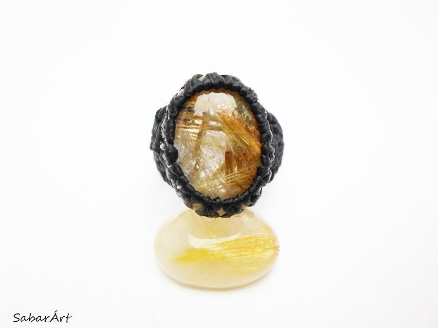 Gold Rutilated Quartz Macrame Ring: Chakra Jewelry