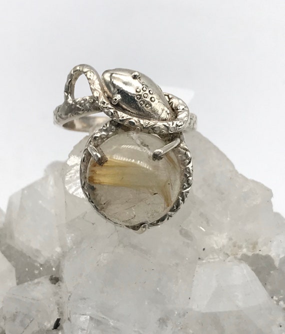 Golden Rutilated Quartz Snake Ring, Size 8 1/2