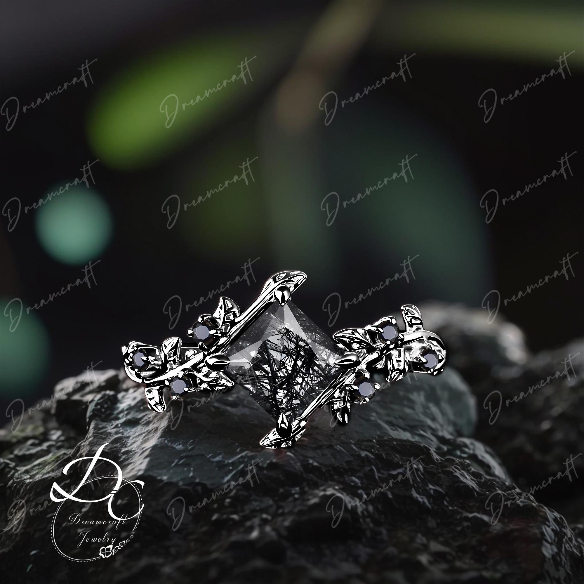Gothic Princess Cut Black Rutilated Quartz Engagement Ring Art Deco Leaf Black Gold Twig Cluster Promise Ring Bridal Ring Gift For Her Gothic Princess Cut Black Rutilated Quartz Engagement Ring Art Deco Leaf Black Gold Twig Cluster Promise Ring Bridal Ring Gift For Her