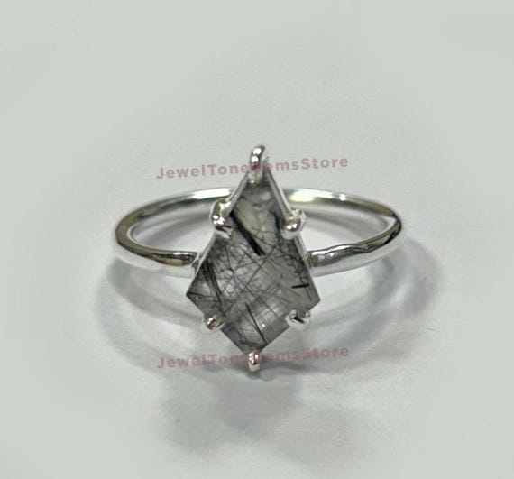 Kite Black Rutile Quartz Ring: 925 Sterling Silver Handmade Ring