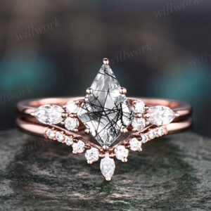 Kite Cut Black Rutilated Quartz Ring Engagement Ring Marquise Rose Gold 6 Prong Engagement Ring Women Moissanite Ring Set Promise Ring Set