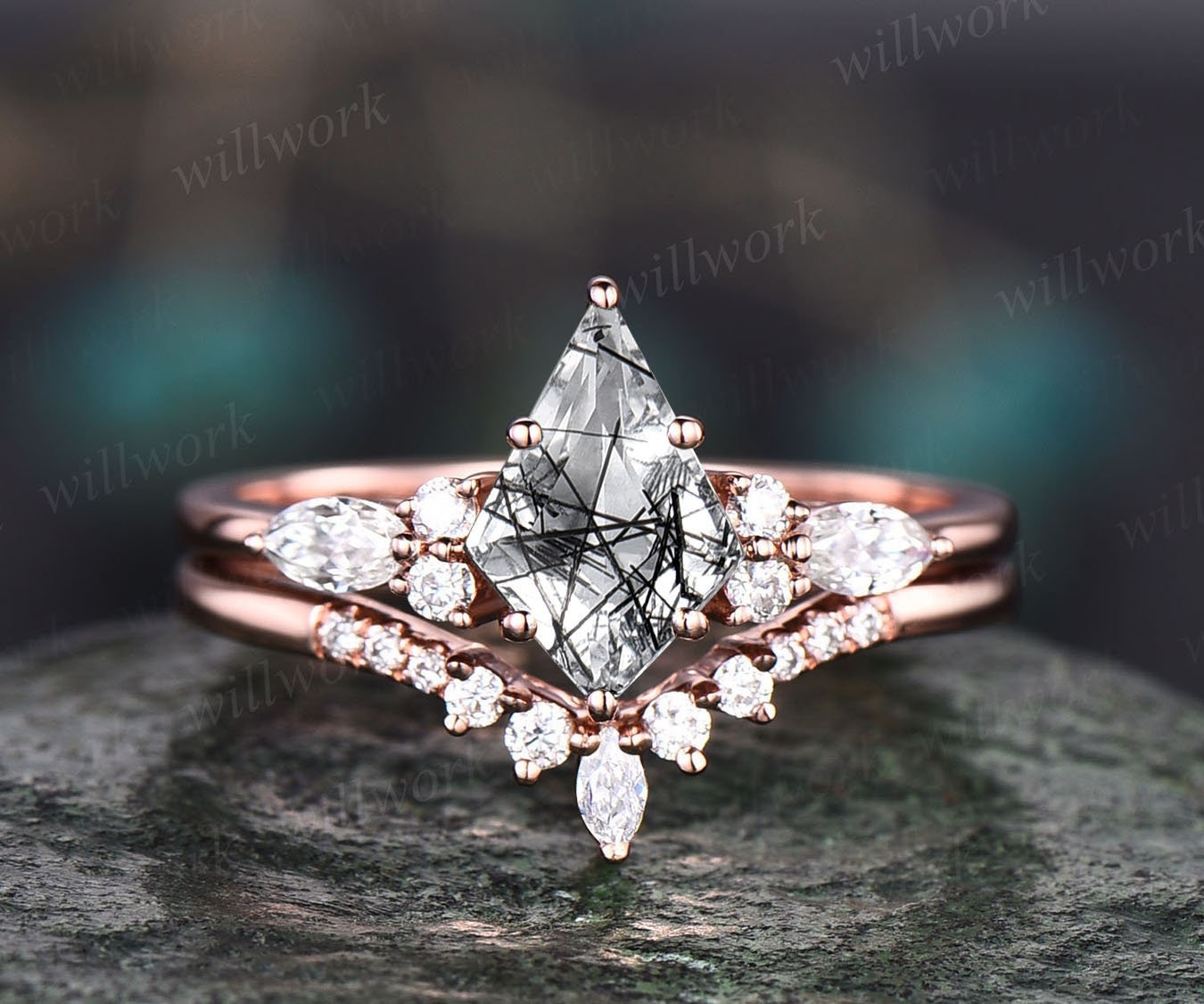 Kite Cut Black Rutilated Quartz Ring Engagement Ring Marquise Rose Gold 6 Prong Engagement Ring Women Moissanite Ring Set Promise Ring Set